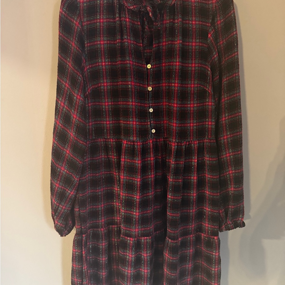 LOFT Plaid Tiered Mini Dress Womens Small Black Red Metallic Shimmer - Picture 2 of 4